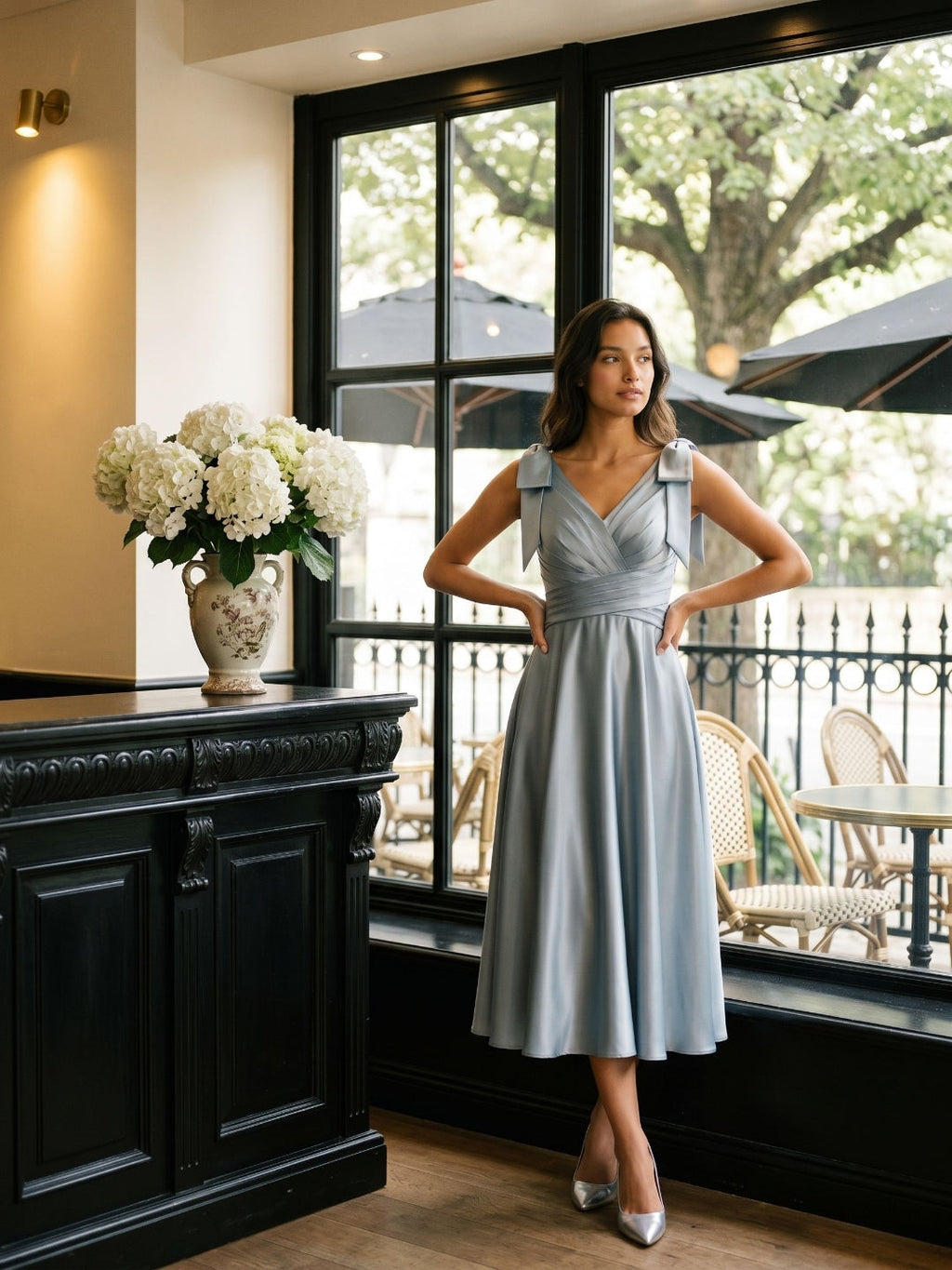 Dusty Blue Satin A-Line V-Neck Tea-Length Dress with Bow - Curvevia