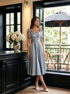 Dusty Blue Satin A-Line V-Neck Tea-Length Dress with Bow - Curvevia