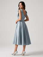 Dusty Blue Satin A-Line V-Neck Tea-Length Dress with Bow - Curvevia