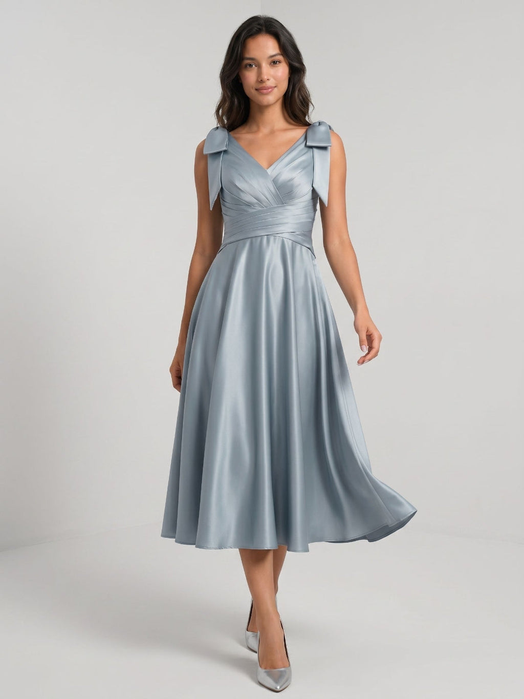 Dusty Blue Satin A-Line V-Neck Tea-Length Dress with Bow - Curvevia
