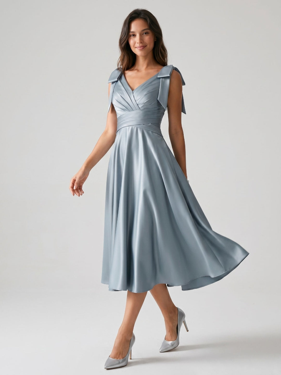 Dusty Blue Satin A-Line V-Neck Tea-Length Dress with Bow - Curvevia