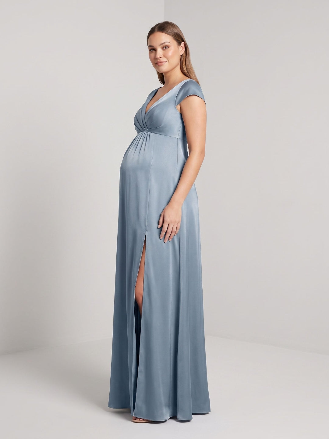 Dusty Blue Satin A-Line V-Neck V-Back Ankle-Length Maternity Bridesmaid Dress - Curvevia