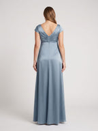 Dusty Blue Satin A-Line V-Neck V-Back Ankle-Length Maternity Bridesmaid Dress - Curvevia
