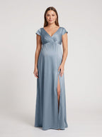 Dusty Blue Satin A-Line V-Neck V-Back Ankle-Length Maternity Bridesmaid Dress - Curvevia