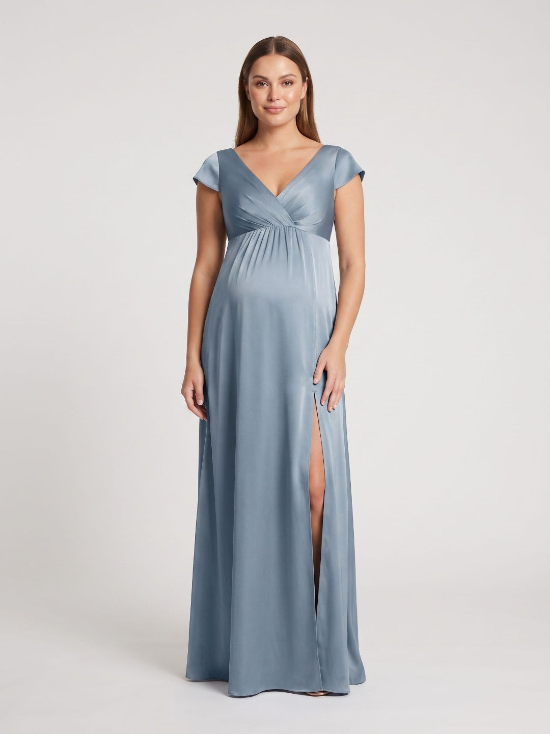 Dusty Blue Satin A-Line V-Neck V-Back Ankle-Length Maternity Bridesmaid Dress - Curvevia