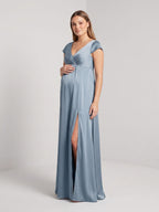Dusty Blue Satin A-Line V-Neck V-Back Ankle-Length Maternity Bridesmaid Dress - Curvevia