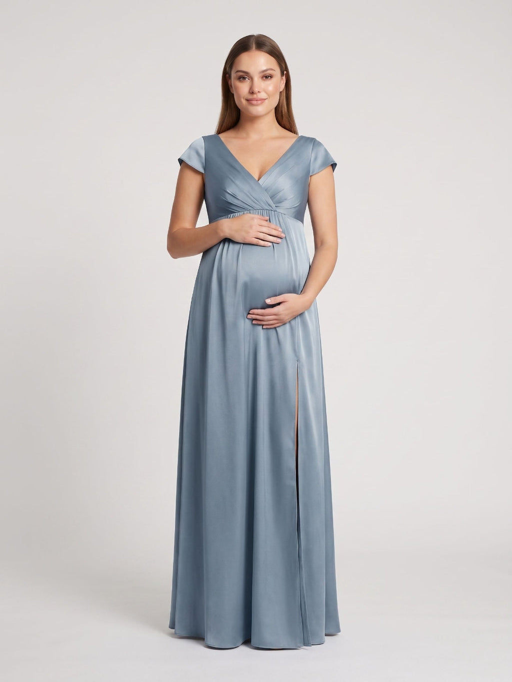 Dusty Blue Satin A-Line V-Neck V-Back Ankle-Length Maternity Bridesmaid Dress - Curvevia