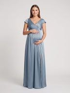 Dusty Blue Satin A-Line V-Neck V-Back Ankle-Length Maternity Bridesmaid Dress - Curvevia