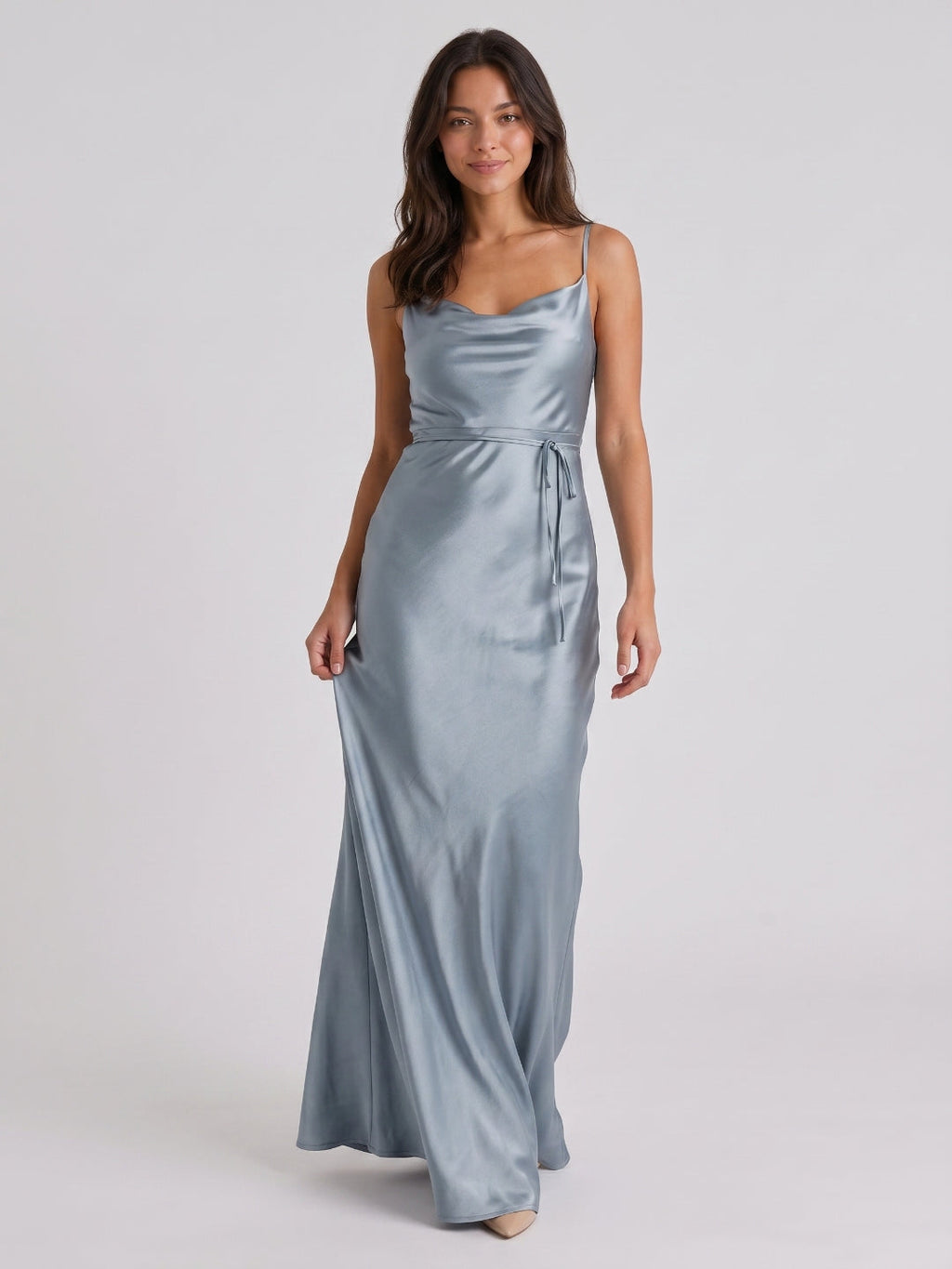 Dusty Blue Satin Sheath Straight Neck Side Zip Floor-Length Bridesmaid Dress - Curvevia