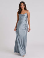 Dusty Blue Satin Sheath Straight Neck Side Zip Floor-Length Bridesmaid Dress - Curvevia