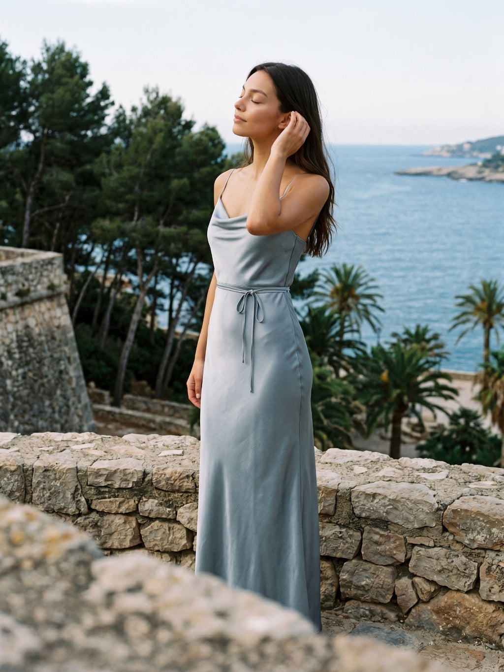 Dusty Blue Satin Sheath Straight Neck Side Zip Floor-Length Bridesmaid Dress - Curvevia