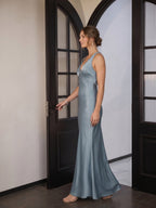 Elegant Dusty Blue Satin Sheath V-Neck V-Back Ankle-Length Bridesmaid Dress - Curvevia