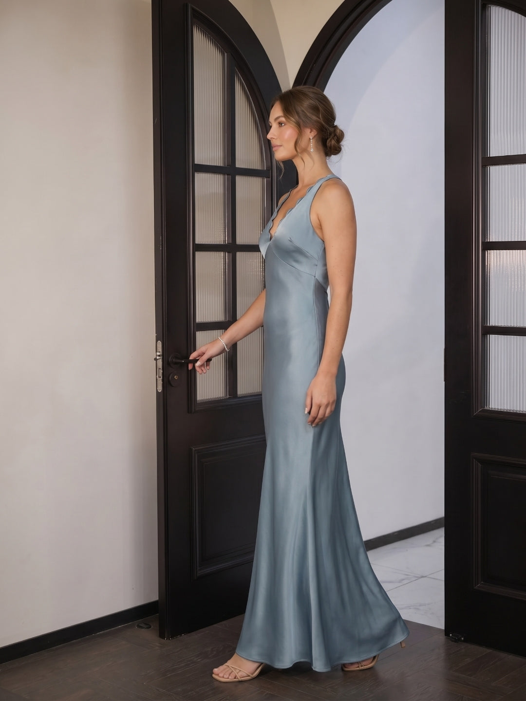 Elegant Dusty Blue Satin Sheath V-Neck V-Back Ankle-Length Bridesmaid Dress - Curvevia