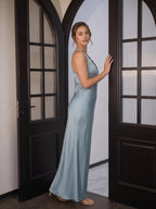 Elegant Dusty Blue Satin Sheath V-Neck V-Back Ankle-Length Bridesmaid Dress - Curvevia