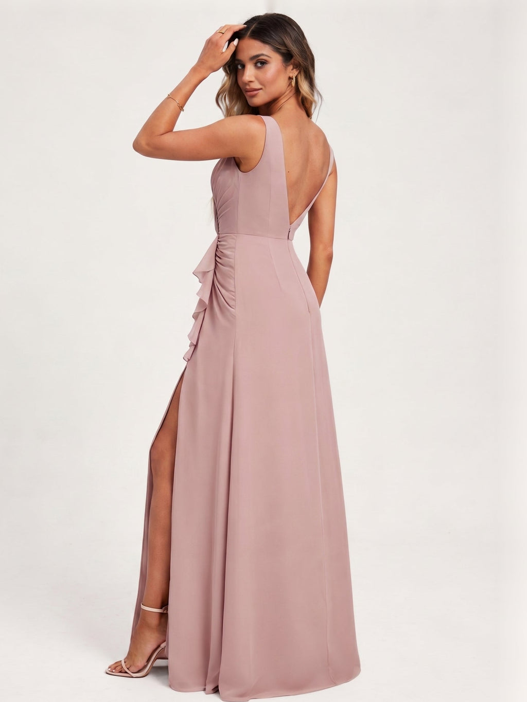 Coquette Dusty Rose Chiffon A-Line V-Neck V-Back with Sash Detail Ankle-Length Bridesmaid Dress - Curvevia