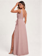 Coquette Dusty Rose Chiffon A-Line V-Neck V-Back with Sash Detail Ankle-Length Bridesmaid Dress - Curvevia