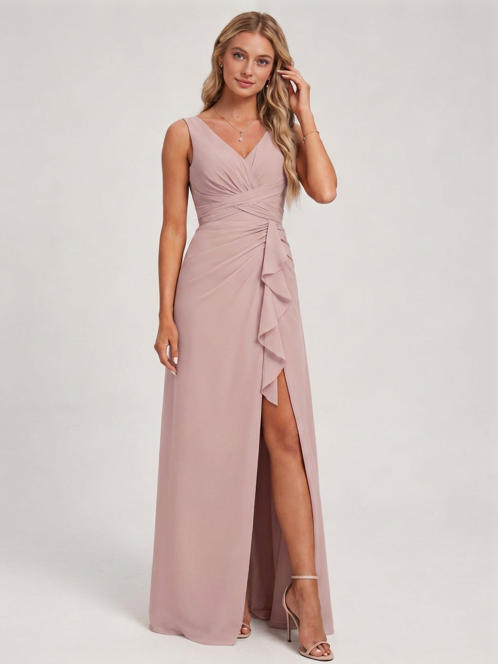 Coquette Dusty Rose Chiffon A-Line V-Neck V-Back with Sash Detail Ankle-Length Bridesmaid Dress - Curvevia