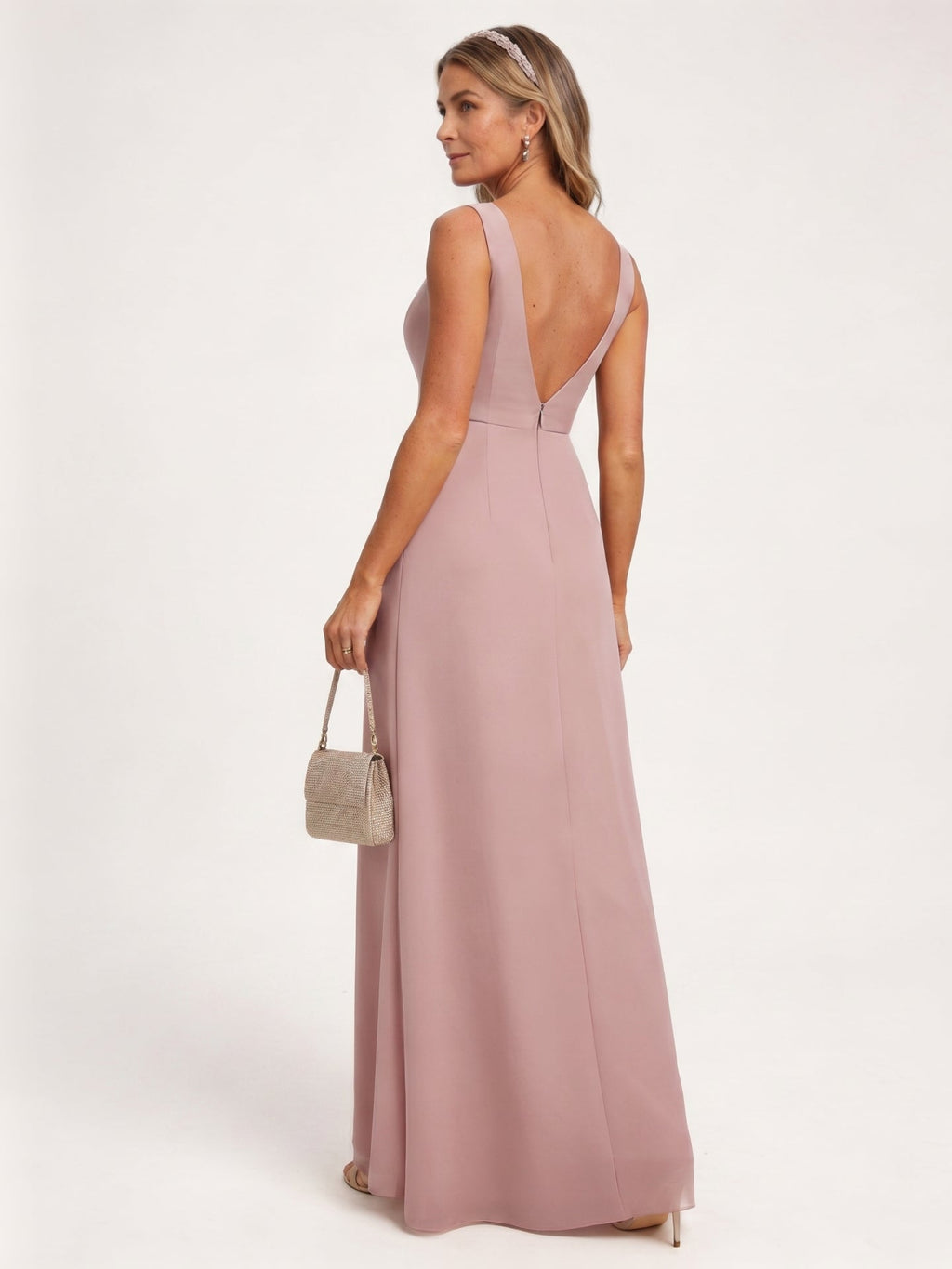 Coquette Dusty Rose Chiffon A-Line V-Neck V-Back with Sash Detail Ankle-Length Bridesmaid Dress - Curvevia