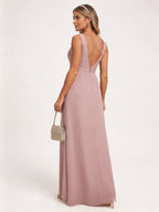 Coquette Dusty Rose Chiffon A-Line V-Neck V-Back with Sash Detail Ankle-Length Bridesmaid Dress - Curvevia