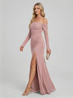 Elegant Dusty Rose Chiffon column Off-the-Shoulder Back Zip Ankle-Length Bridesmaid Dress - Curvevia