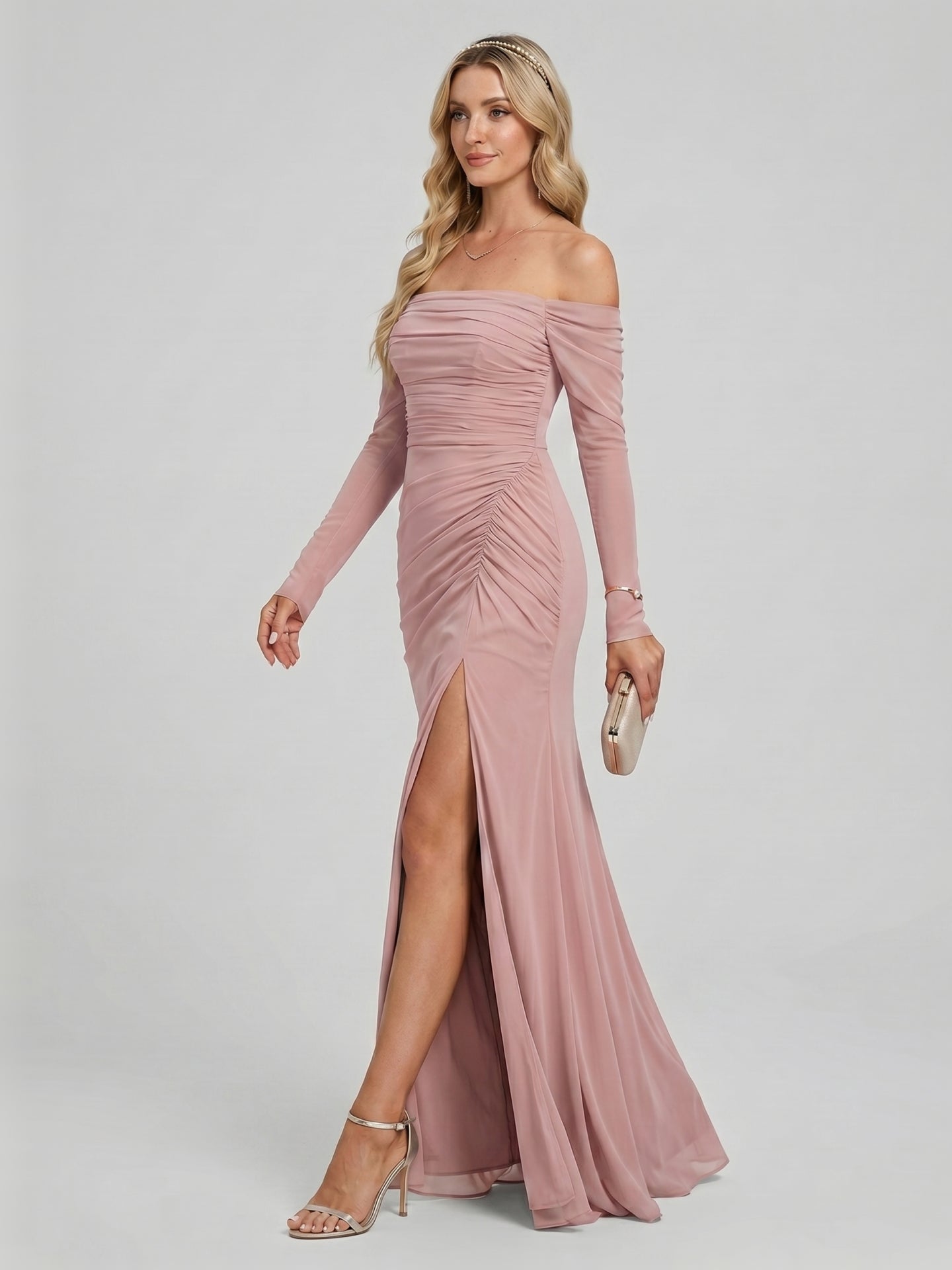 Elegant Dusty Rose Chiffon column Off-the-Shoulder Back Zip Ankle-Length Bridesmaid Dress - Curvevia