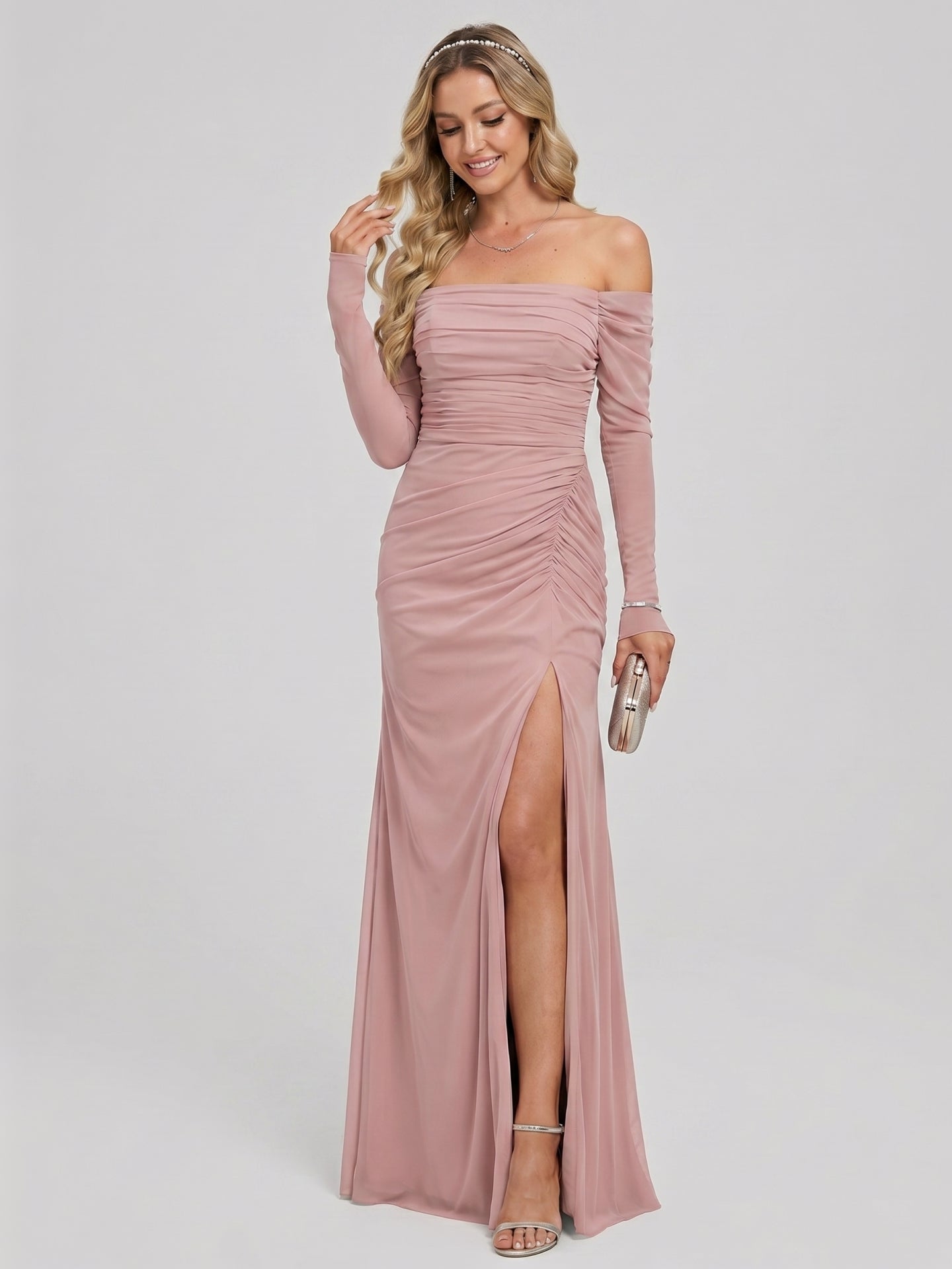 Elegant Dusty Rose Chiffon column Off-the-Shoulder Back Zip Ankle-Length Bridesmaid Dress - Curvevia