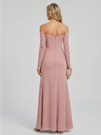 Elegant Dusty Rose Chiffon column Off-the-Shoulder Back Zip Ankle-Length Bridesmaid Dress - Curvevia