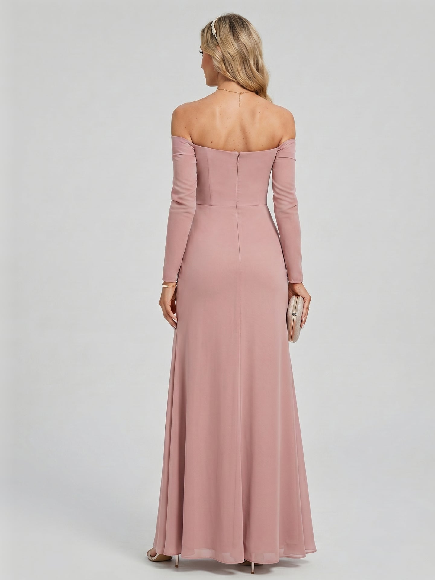 Elegant Dusty Rose Chiffon column Off-the-Shoulder Back Zip Ankle-Length Bridesmaid Dress - Curvevia