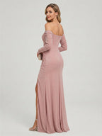 Elegant Dusty Rose Chiffon column Off-the-Shoulder Back Zip Ankle-Length Bridesmaid Dress - Curvevia