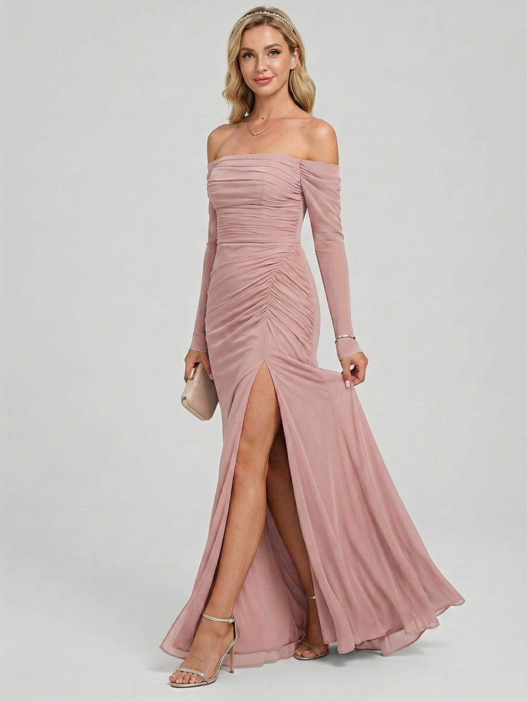 Elegant Dusty Rose Chiffon column Off-the-Shoulder Back Zip Ankle-Length Bridesmaid Dress - Curvevia