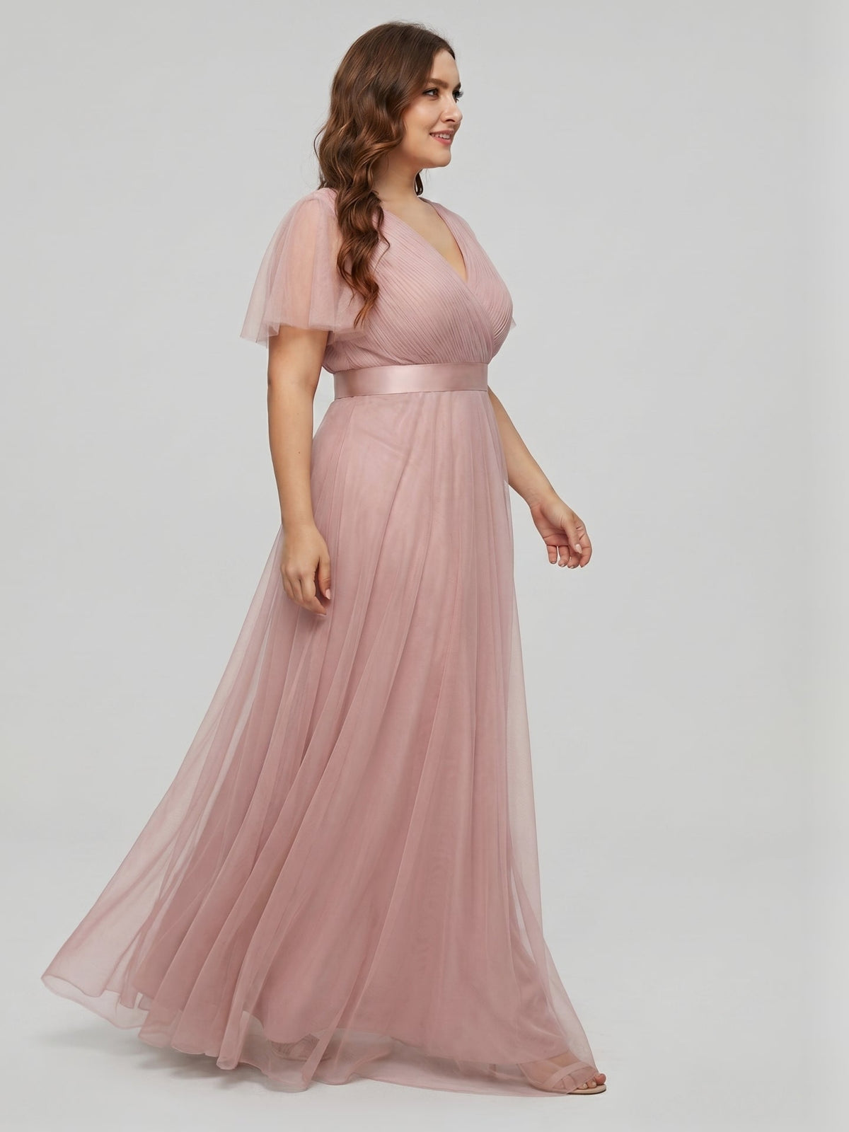Sweet & Flowy Dusty Rose Tulle Empire V-Neck Back Zip Ankle-Length Plus Size Bridesmaid Dress - Curvevia