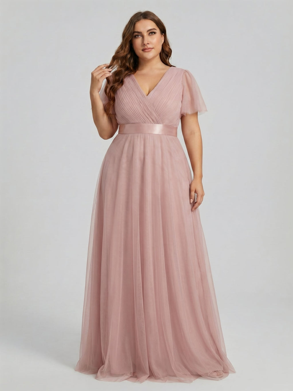 Sweet & Flowy Dusty Rose Tulle Empire V-Neck Back Zip Ankle-Length Plus Size Bridesmaid Dress - Curvevia