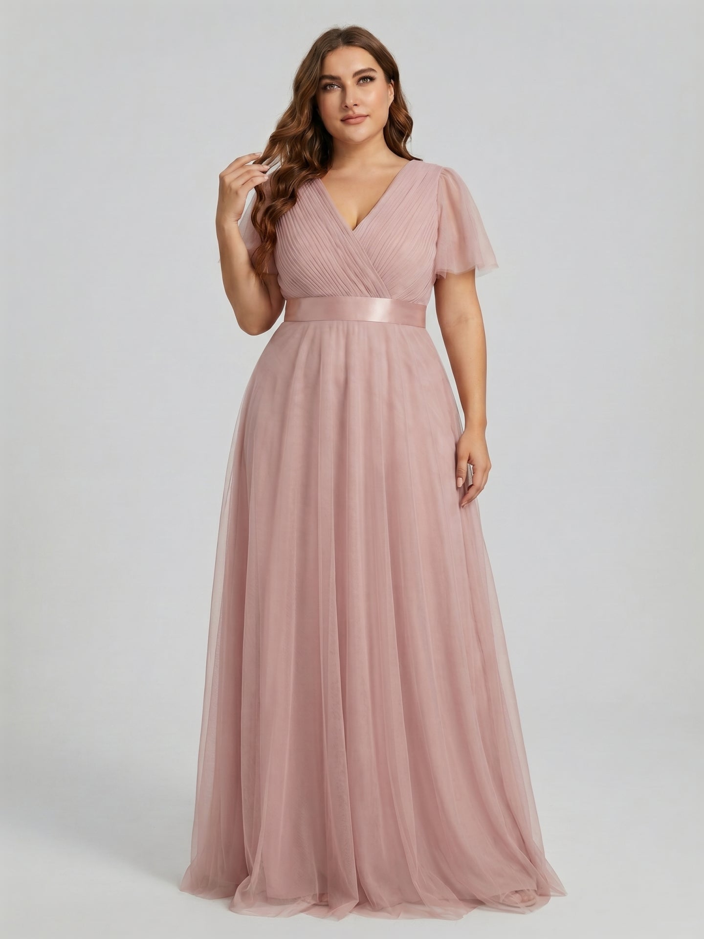 Sweet & Flowy Dusty Rose Tulle Empire V-Neck Back Zip Ankle-Length Plus Size Bridesmaid Dress - Curvevia