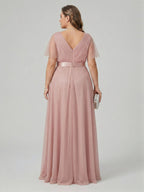 Sweet & Flowy Dusty Rose Tulle Empire V-Neck Back Zip Ankle-Length Plus Size Bridesmaid Dress - Curvevia