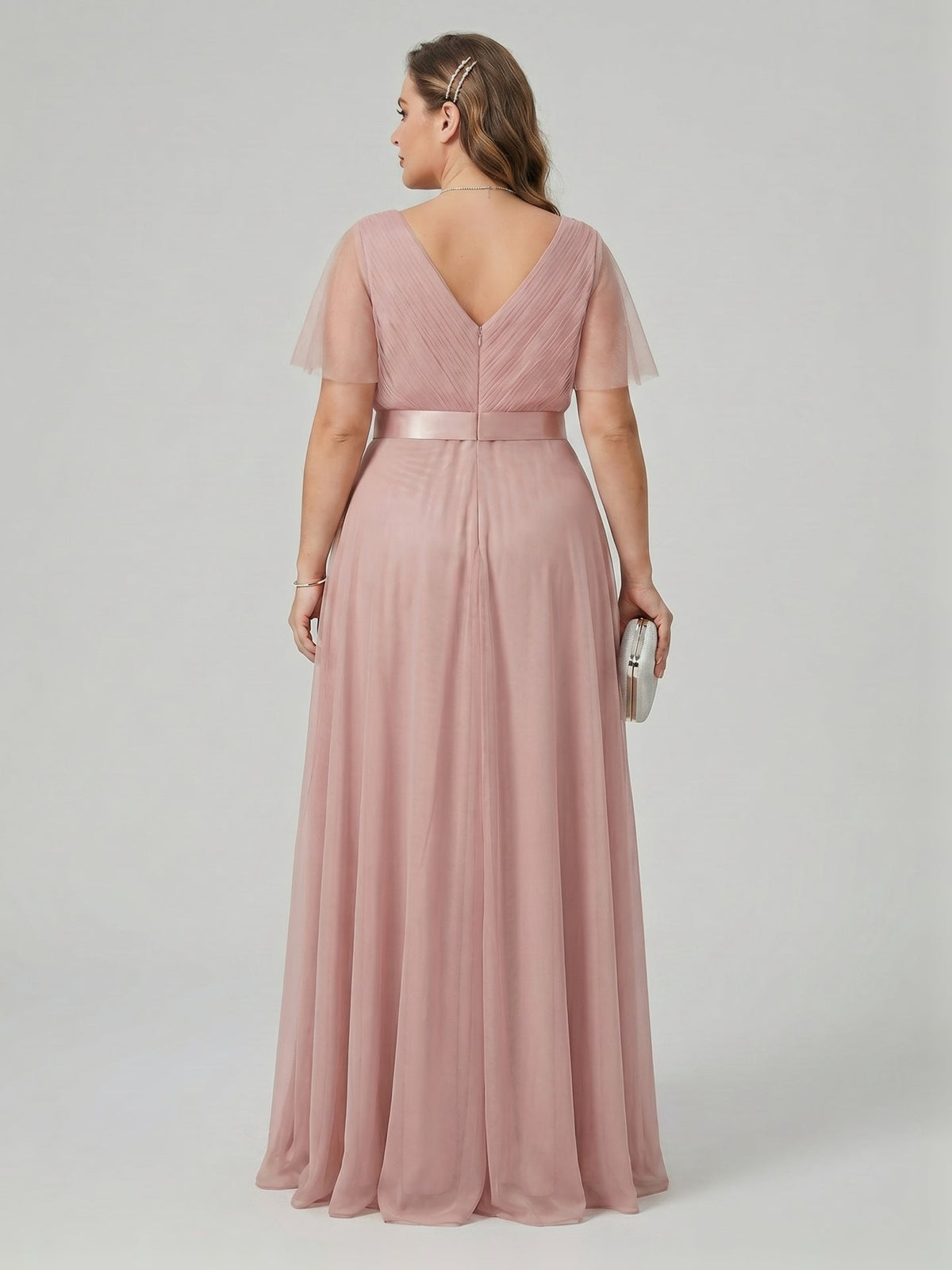 Sweet & Flowy Dusty Rose Tulle Empire V-Neck Back Zip Ankle-Length Plus Size Bridesmaid Dress - Curvevia