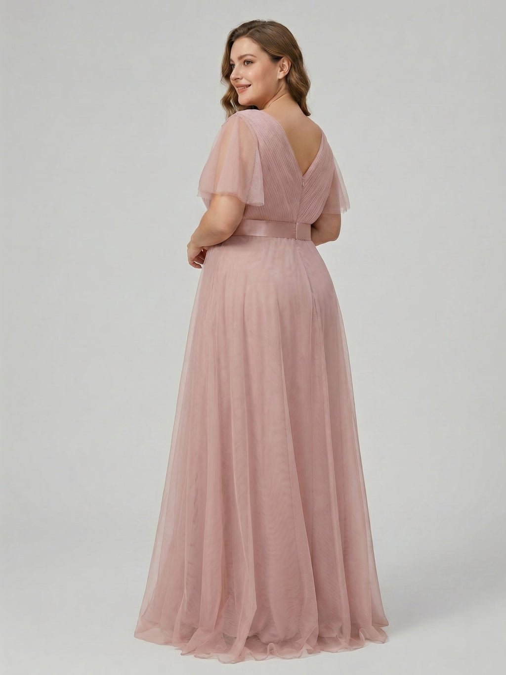 Sweet & Flowy Dusty Rose Tulle Empire V-Neck Back Zip Ankle-Length Plus Size Bridesmaid Dress - Curvevia