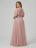 Sweet & Flowy Dusty Rose Tulle Empire V-Neck Back Zip Ankle-Length Plus Size Bridesmaid Dress - Curvevia