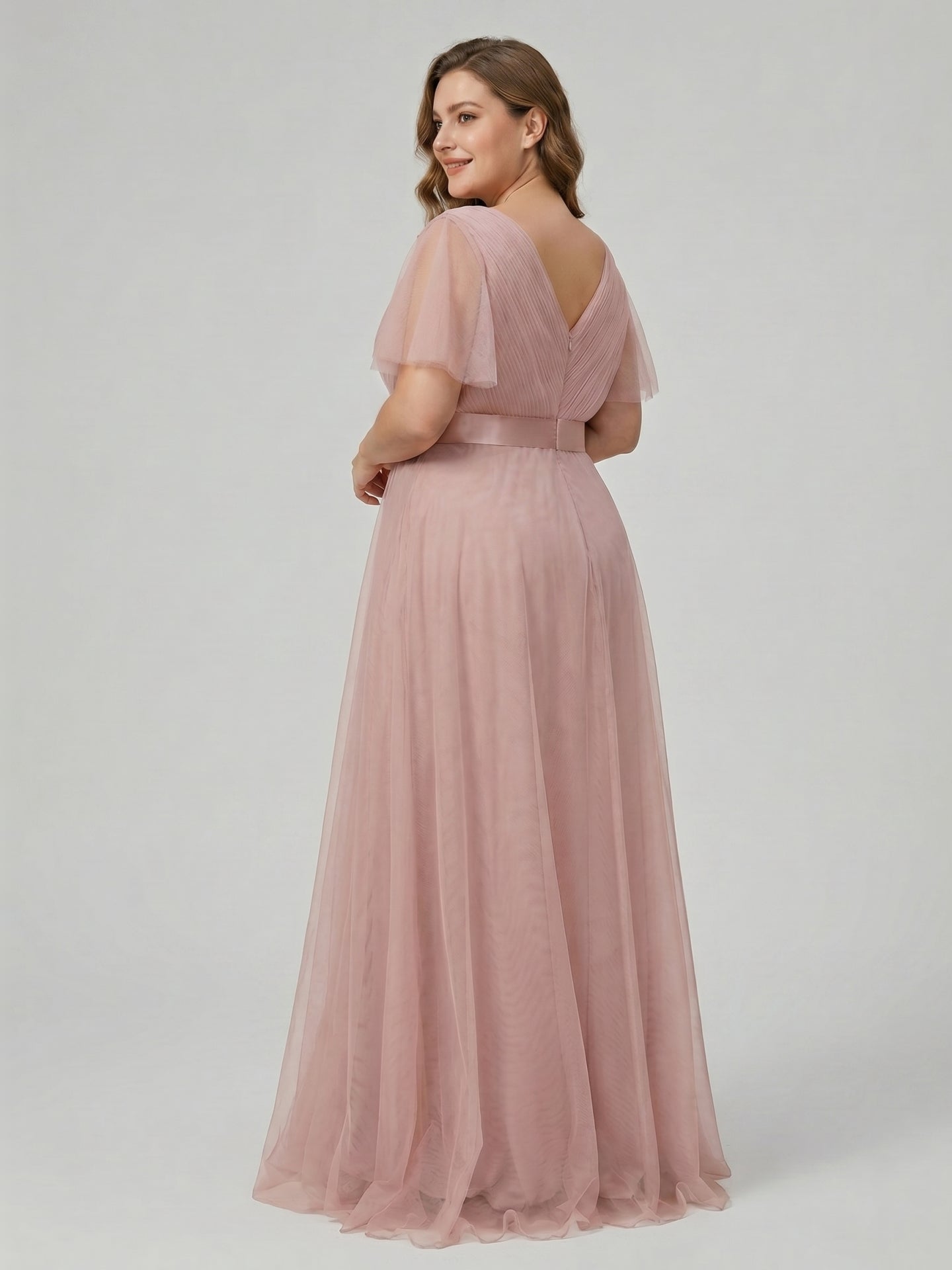 Sweet & Flowy Dusty Rose Tulle Empire V-Neck Back Zip Ankle-Length Plus Size Bridesmaid Dress - Curvevia