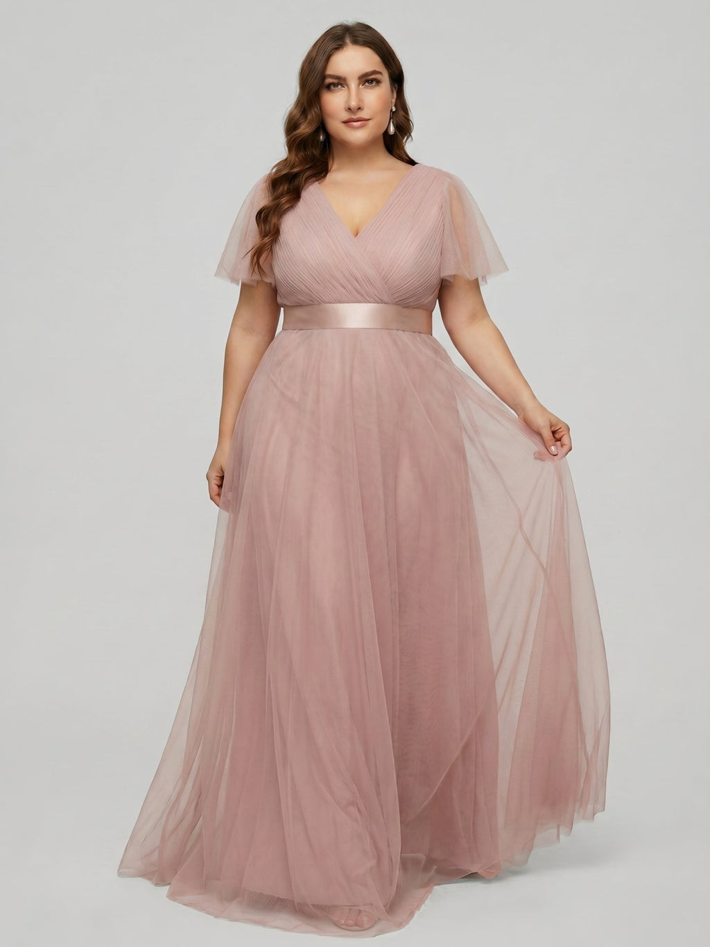 Sweet & Flowy Dusty Rose Tulle Empire V-Neck Back Zip Ankle-Length Plus Size Bridesmaid Dress - Curvevia