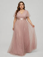 Sweet & Flowy Dusty Rose Tulle Empire V-Neck Back Zip Ankle-Length Plus Size Bridesmaid Dress - Curvevia