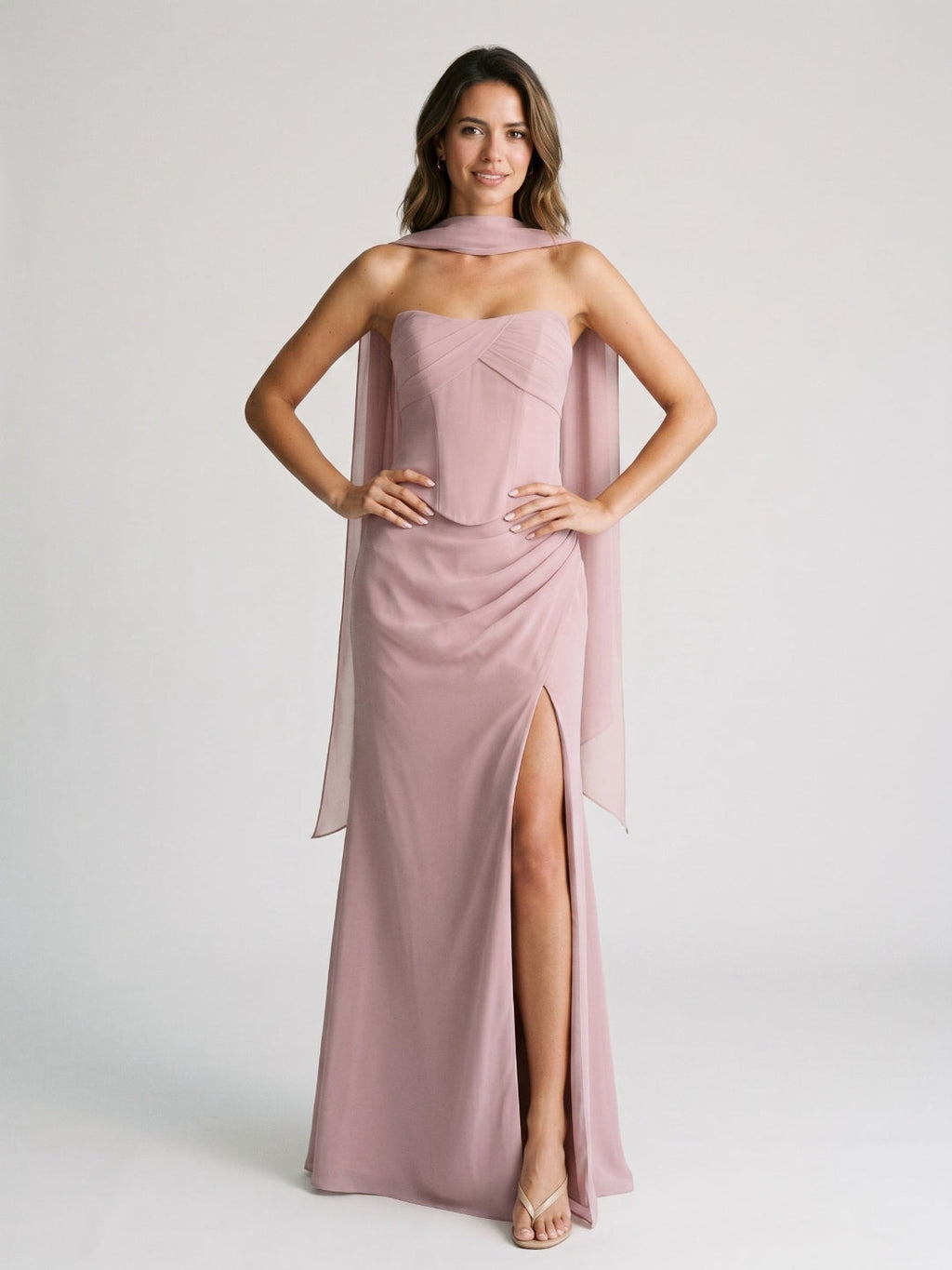 Dusty Rose Chiffon A-Line Lace-Up Back Floor-Length Dress with Pleating - Curvevia