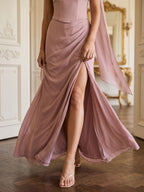 Dusty Rose Chiffon A-Line Lace-Up Back Floor-Length Dress with Pleating - Curvevia