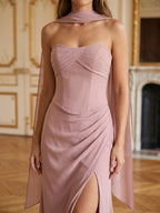 Dusty Rose Chiffon A-Line Lace-Up Back Floor-Length Dress with Pleating - Curvevia