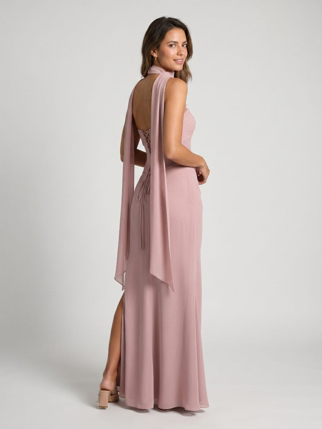 Dusty Rose Chiffon A-Line Lace-Up Back Floor-Length Dress with Pleating - Curvevia