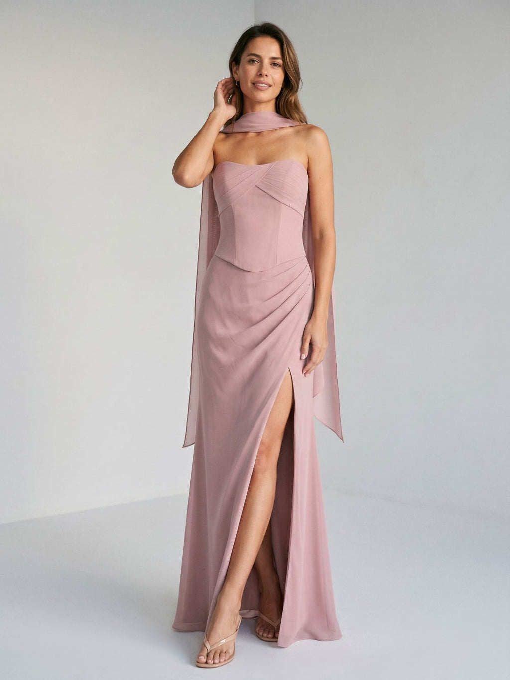 Dusty Rose Chiffon A-Line Lace-Up Back Floor-Length Dress with Pleating - Curvevia