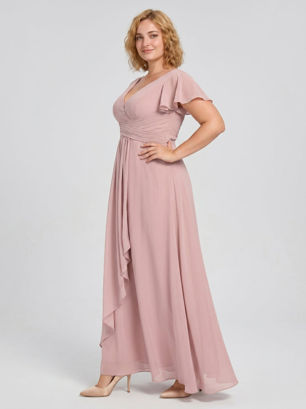 Dusty Rose Chiffon V-Neck Back Zip A-Line Ankle-Length Plus Size Bridesmaid Dress - Curvevia
