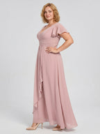 Dusty Rose Chiffon V-Neck Back Zip A-Line Ankle-Length Plus Size Bridesmaid Dress - Curvevia