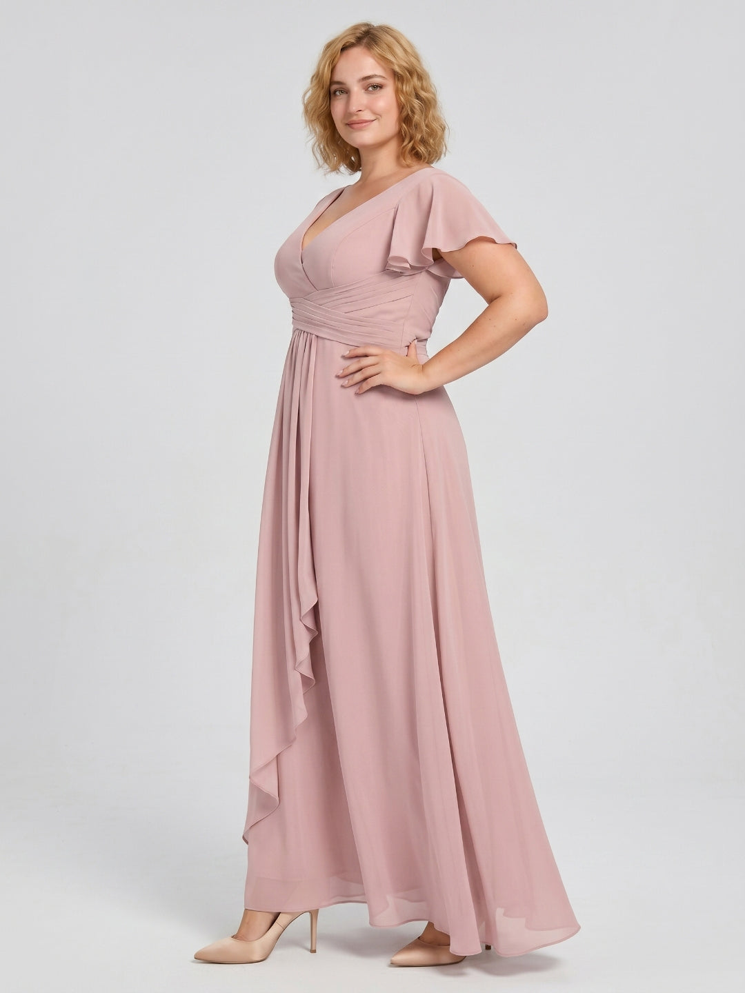 Dusty Rose Chiffon V-Neck Back Zip A-Line Ankle-Length Plus Size Bridesmaid Dress - Curvevia