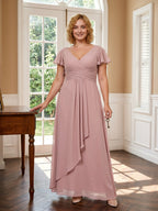 Dusty Rose Chiffon V-Neck Back Zip A-Line Ankle-Length Plus Size Bridesmaid Dress - Curvevia