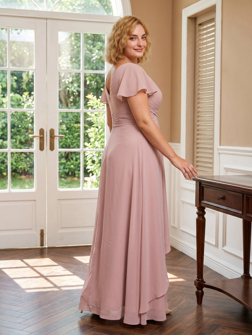 Dusty Rose Chiffon V-Neck Back Zip A-Line Ankle-Length Plus Size Bridesmaid Dress - Curvevia